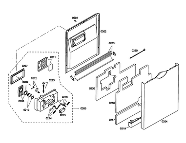 Door/dispenser Diagram and Parts List for SHE43F15UC 60 Bosch Dishwasher