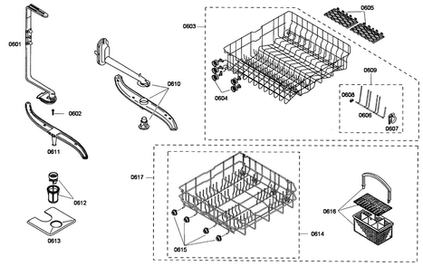 Baskets Diagram and Parts List for SHE33M02UC 53 Bosch Dishwasher