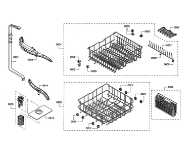 Spray Arm/Racks Diagram and Parts List for SHE3ARL5UC 07 Bosch Dishwasher