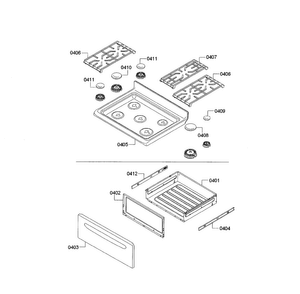 Cooktop & Drawer Diagram and Parts List for HGS3023UC 10 Bosch Range