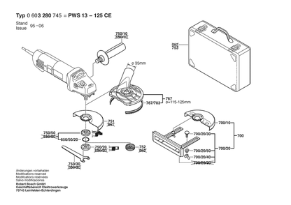 Section 2 Diagram and Parts List for PWS13-125CE 0603280745 Bosch Angle Grinder