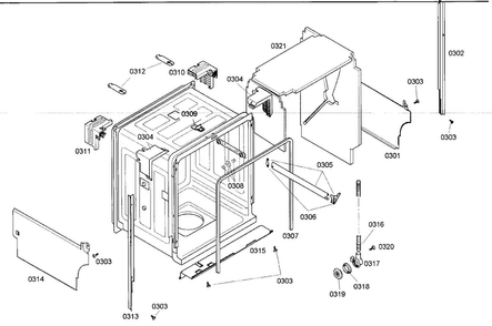 Cabinet Parts Diagram and Parts List for SHE45M05UC 48 Bosch Dishwasher