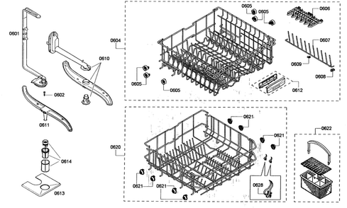 Baskets Assy Diagram and Parts List for SHE43P05UC 56 Bosch Dishwasher