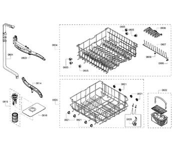 Baskets Section Diagram and Parts List for SHE4AP06UC 06 Bosch Dishwasher