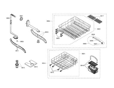 Racks/spray Arm Diagram and Parts List for SHX43M02UC 48 Bosch Dishwasher