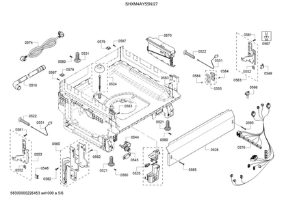Base/Drain Hose/Main Harness Diagram and Parts List for SHXM4AY55N 27 Bosch Dishwasher