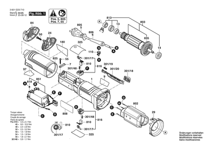 Figure 1 Diagram and Parts List for 3601GD0710 GWS14-50B Bosch Angle Grinder