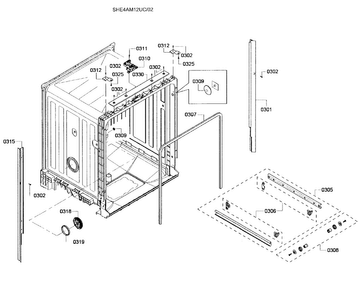 Cabinet Diagram and Parts List for SHE4AM12UC 02 Bosch Dishwasher
