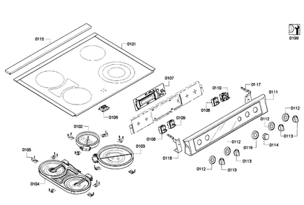 Cooktop & Control Panel Diagram and Parts List for HEI7052U 04 Bosch Range