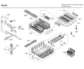 Rack Diagram and Parts List for SGE68U55UC C9 Bosch Dishwasher