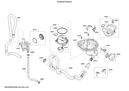 Water Inlet/Sump/Pump Diagram and Parts List for SHXM4AY55N 26 Bosch Dishwasher