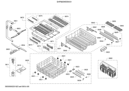 Racks/Spray Arms/Cutlery Basket Diagram and Parts List for SHP865WD5N 01 Bosch Dishwasher