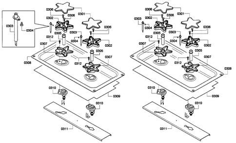 Burners Diagram and Parts List for PCG364GD-02  Thermador Cooktop