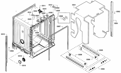 Cabinet Diagram and Parts List for S46KMK15UC 05 Bosch Dishwasher