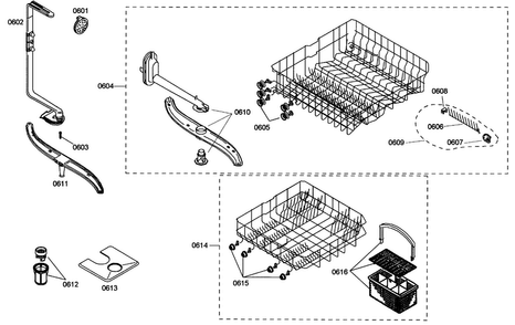 Baskets Diagram and Parts List for SHE42L16UC 38 Bosch Dishwasher