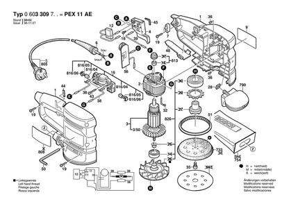 Section 1 Diagram and Parts List for PEX11AE 0603309738 Bosch Orbital or Palm Sander