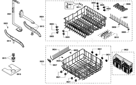 Baskets Asst Diagram and Parts List for SHE43P12UC 56 Bosch Dishwasher