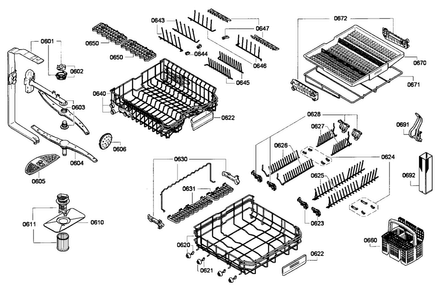 Baskets Diagram and Parts List for DWHD651GFP 18 Thermador Dishwasher