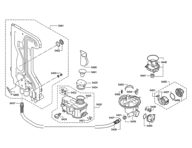 Water Inlet And Softener/Heat Pump Diagram and Parts List for DWHD640JFP B4 Thermador Dishwasher