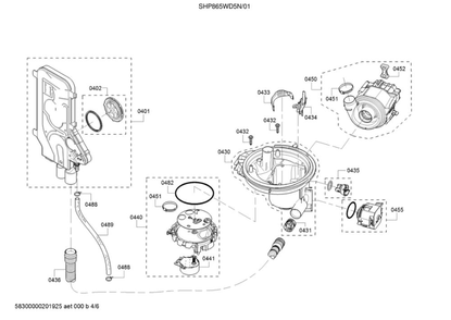 Water Inlet/Sump/Pump Diagram and Parts List for SHP865WD5N 01 Bosch Dishwasher