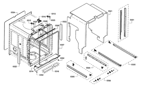 Frame & Cavity Diagram and Parts List for SHX8PT55UC 01 Bosch Dishwasher