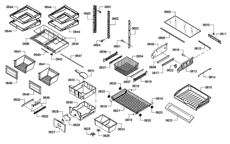 Shelf & Drawer Diagram and Parts List for B22CT80SNP 01 Bosch Refrigerator