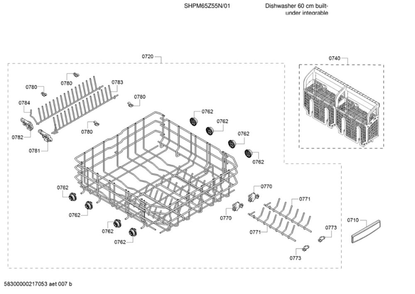 Lower Dish Rack/Cutlery Basket Diagram and Parts List for SHPM65Z55N 01 Bosch Dishwasher