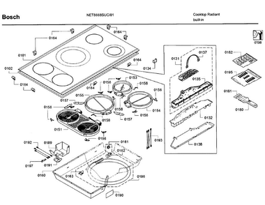 Cooktop Asy Diagram and Parts List for NET8668SUC 01 Bosch Cooktop
