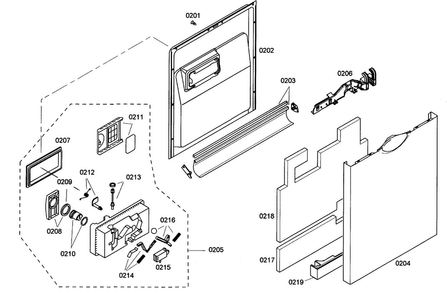 Door Diagram and Parts List for SHE33M05UC 50 Bosch Dishwasher