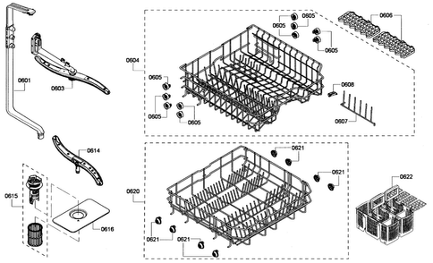 Baskets Assy Diagram and Parts List for SHX6AP05UC 01 Bosch Dishwasher