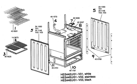 Range Paneling Shelving Diagram and Parts List for HES446U 01 Bosch Range