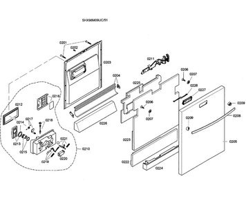 Door Assy Diagram and Parts List for SHX98M09UC 51 Bosch Dishwasher