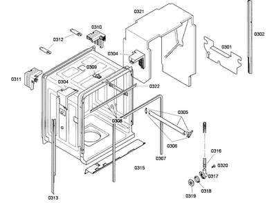 Cabinet Diagram and Parts List for SHE43M05UC 52 Bosch Dishwasher