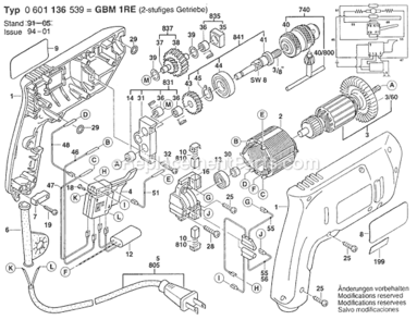 Page A Diagram and Parts List for GBM1RE 0601136539 Bosch Electric Drill