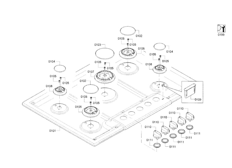 Burner Assy Diagram and Parts List for NGM8055UC 01 Bosch Cooktop