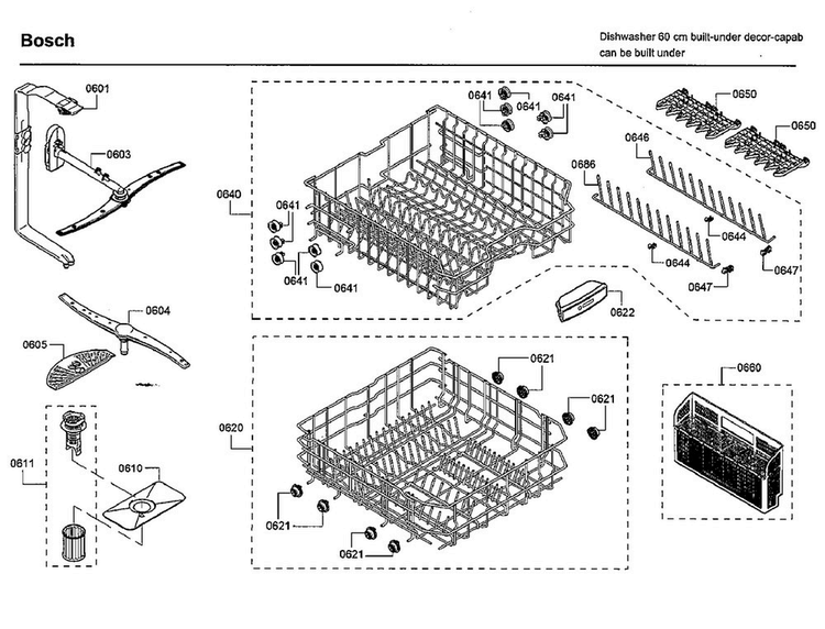 Rack Diagram and Parts List for SHE53T55UC 09 Bosch Dishwasher