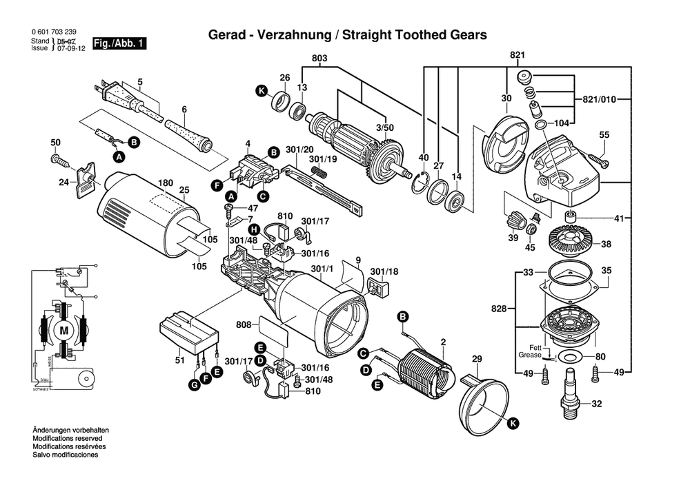 Section 1 Diagram and Parts List for GWS1703EVS 0601703239 Bosch Angle Grinder