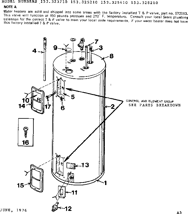 Non-functional Replacement Parts Diagram and Parts List for 153328210  Kenmore Water Heater