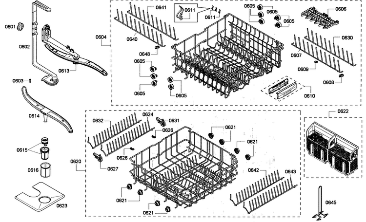 Baskets Assy Diagram and Parts List for SHE68P05UC 53 Bosch Dishwasher