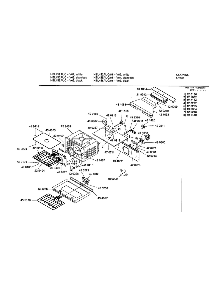 Lower Cavity Diagram and Parts List for HBL452AUC 01 Bosch Wall Oven
