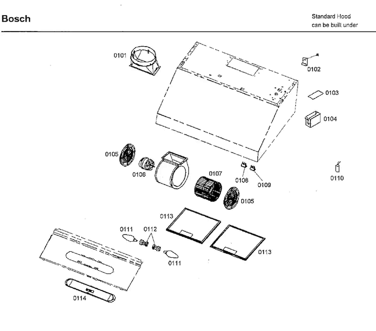 Hood Asy Diagram and Parts List for DPH36352UC 01 Bosch Range Hood