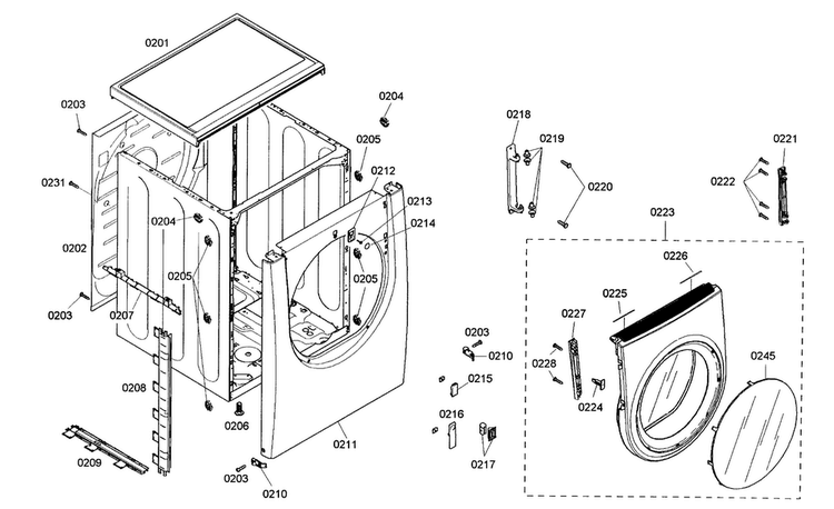 Cabinet Parts Diagram and Parts List for WTMC8320US 05 Bosch Dryer