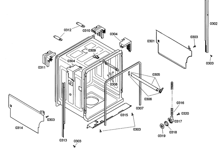 Cabinet Diagram and Parts List for SHE33M06UC 48 Bosch Dishwasher
