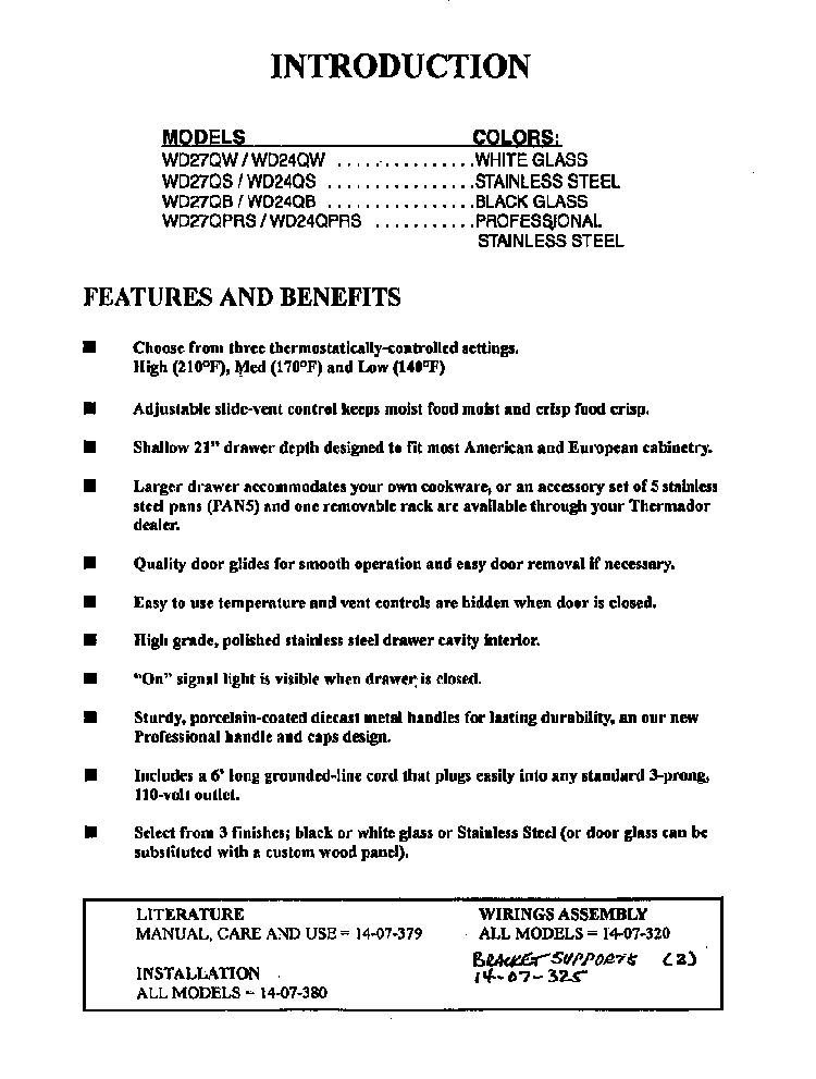 Introduction Diagram and Parts List for WD27QB  Thermador Warming Drawer