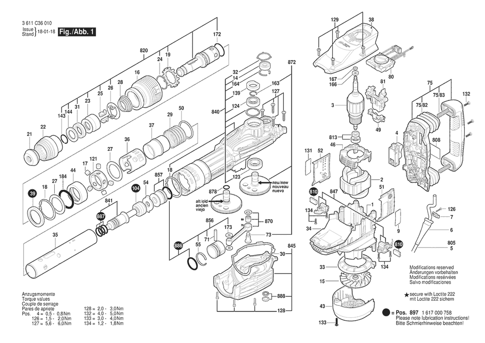Section 1 Diagram and Parts List for GSH11VC 3611C36010 Bosch Demolition Hammer