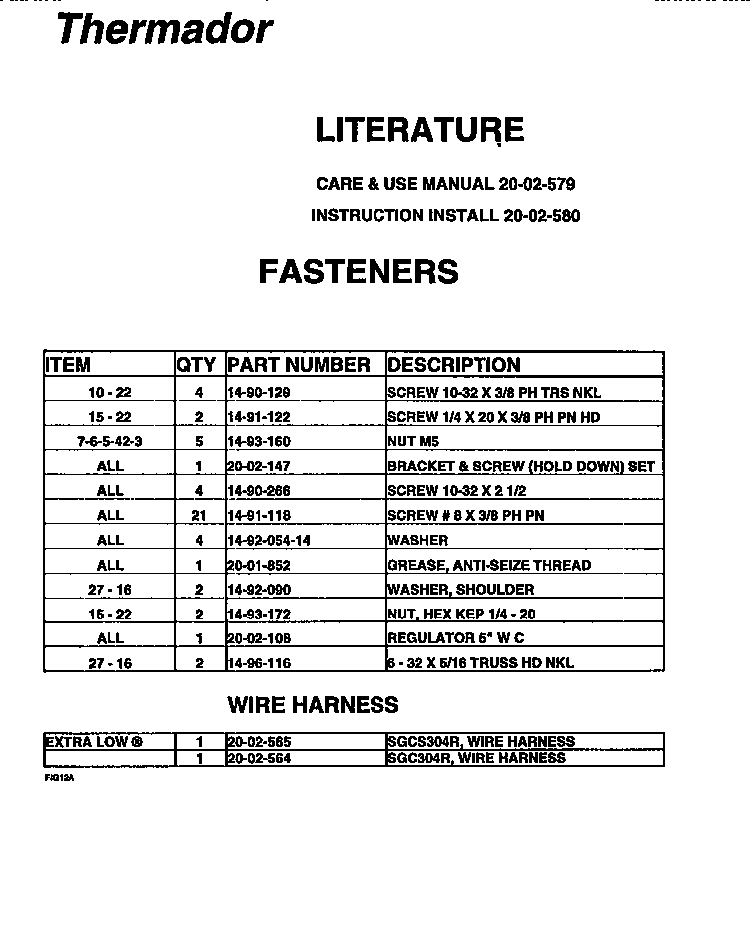 Fasteners Diagram and Parts List for SGC304RS  Thermador Cooktop