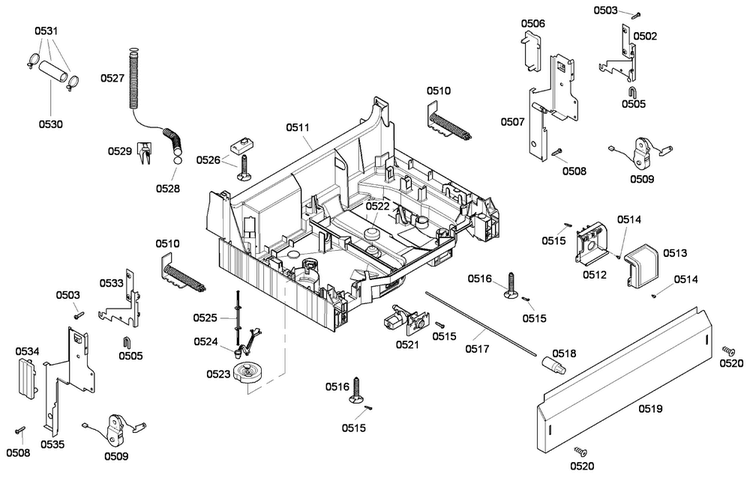 Base Assy Diagram and Parts List for SHE43F06UC 48 Bosch Dishwasher