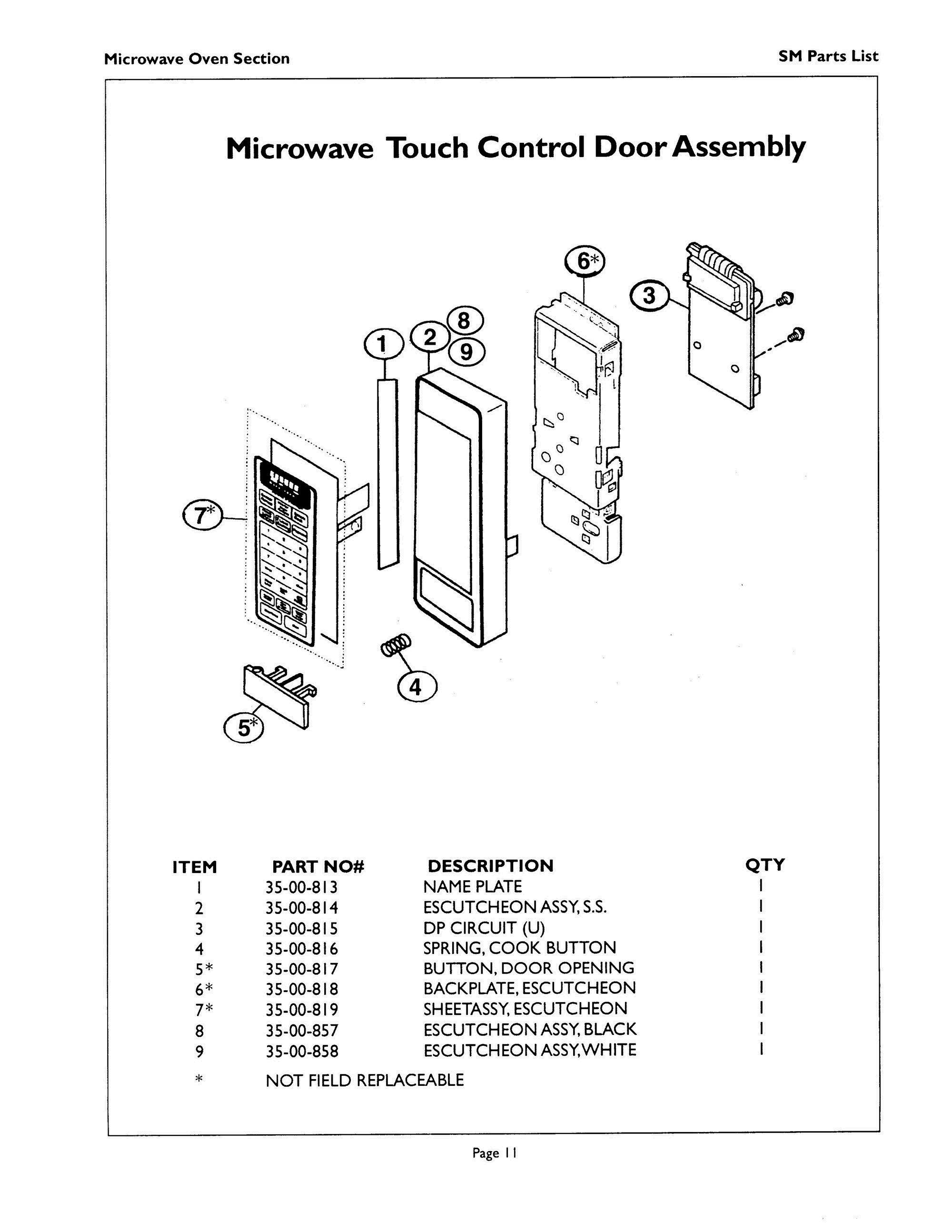 11 - MICROWAVE TOUCH CONTROL DOOR Diagram and Parts List for SM272B  Bosch Range