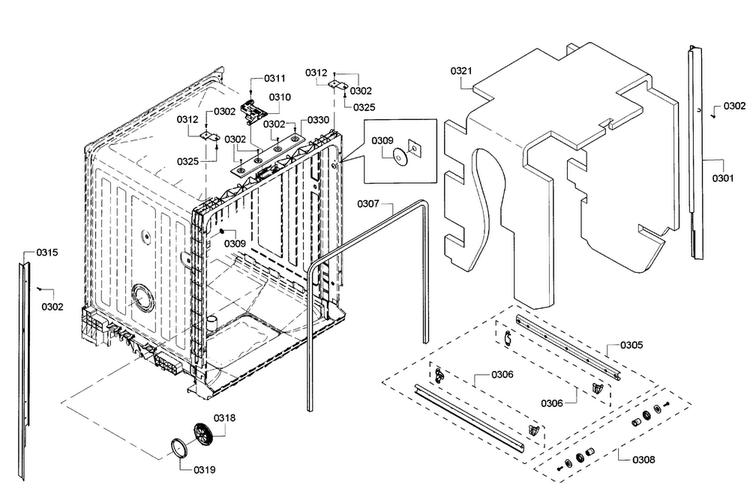 Frame Diagram and Parts List for SHE3ARF2UC 08 Bosch Dishwasher