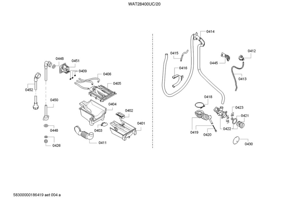 Dispenser Tray/Outlet Pipe Parts Diagram and Parts List for WAT28400UC 20 Bosch Washer